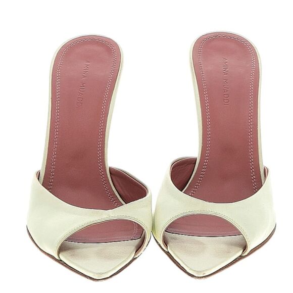 Amina Muaddi Sateen Caroline Mule Sandals Pistachio Pumps - Picture 3 of 4